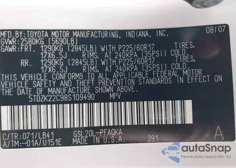 2008 Toyota Sienna Limited z USA, uszkodzony, nr VIN 5TDZK22C98S109490